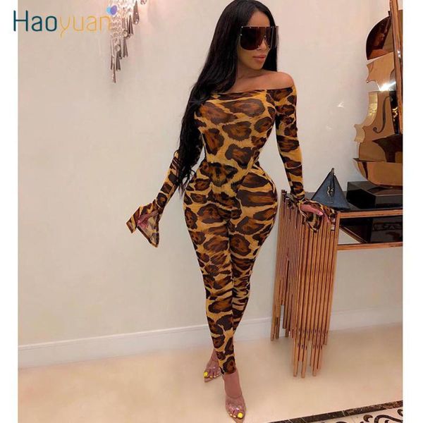 

haoyuan mesh sheer leopard camouflage two piece set women festival clothing rompers pant matching 2 piece club outfits, White