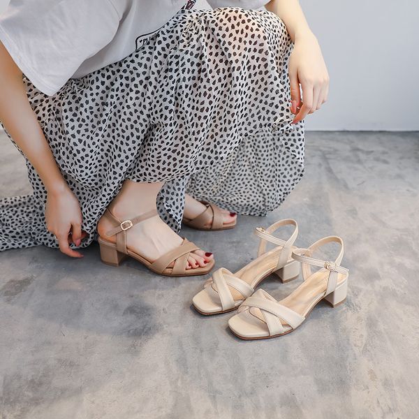 

gladiator cross band sandals women casual shoes ankle buckle square toe sandal concise roman chunky med high heels sandalias2020, Black