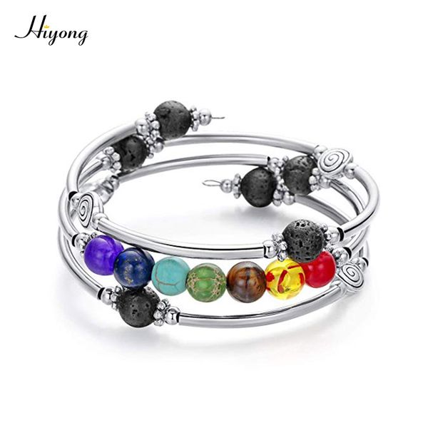 

7 chakra mala bead wrap bracelet handmade wire wrap lava rock turquoises tiger eye crystal yoga bangle bracelet gifts for women, Golden;silver