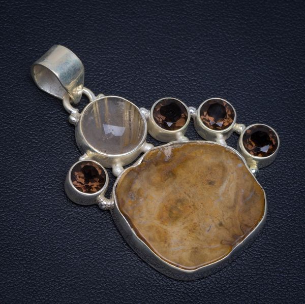 

natural rutilated quartz, jasper and smoky quartz unique design 925 sterling silver pendant 2" d515