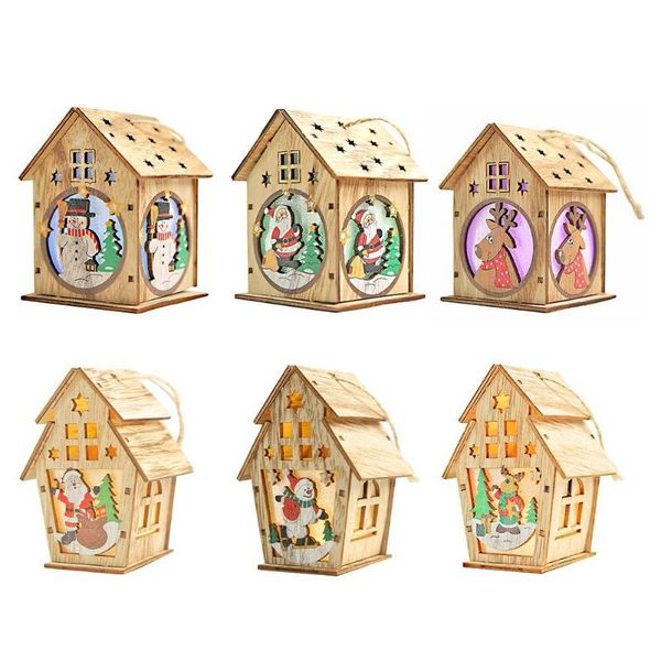

wooden house shape cartoon doll ornaments w/light christmas window dressing