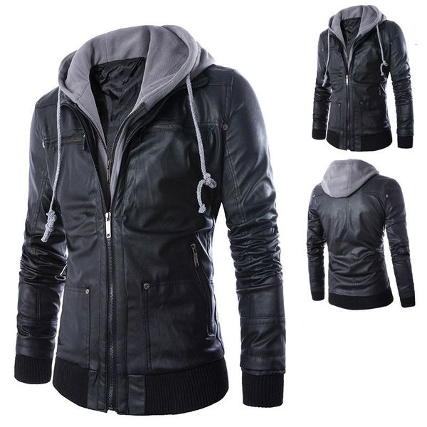 

men's faux leather fur coat men autumn jacket biker chaqueta de cuero hombre stand collar deri ceket plus size fur hoodie men, Black