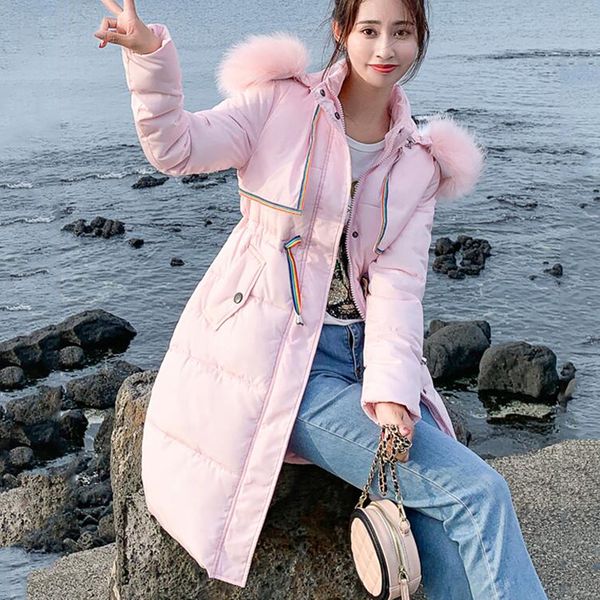 

2019 new women's splicing down cotton jacket fur collar female drawstring hooded parkas padded cotton coat cc1262, Black