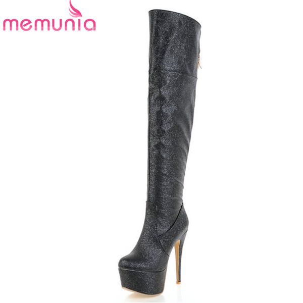 

memunia 2020 long boots women round toe over the knee boots zipper fashion platform high heels autumn female, Black