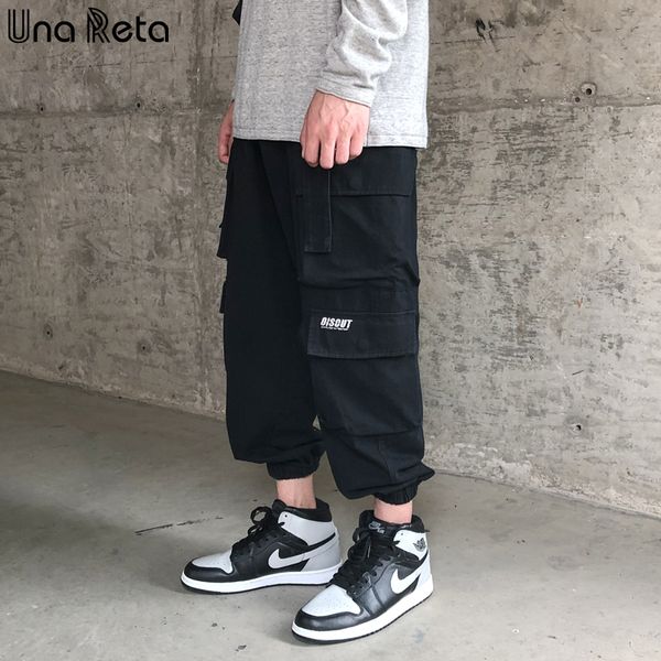 

una reta streetwear joggers new casual pocket pants men pantalones hip hop cargo pants elastic waist trousers man, Black