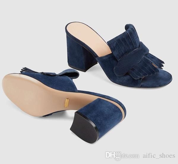 

women suede mid-heel pump sandal platform sandals designer shoes marmont sandals with fold over fringe real leather high heel with box us11, Black
