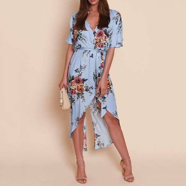 

2019 new ladies fashion v-neck short sleeve tie up print irregular split swallowtail dress, Black;gray