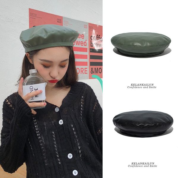 

faux leather beret female autumn and winter days korean version of japanese-style british-style retro-style nan gua mao black-mushroom cap, Blue;gray