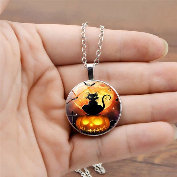 

2019 новые тыквы и кот стекло подвесного ожерелья halloween pumpkin подвески и cat hand craft ювелирных изделий, Silver