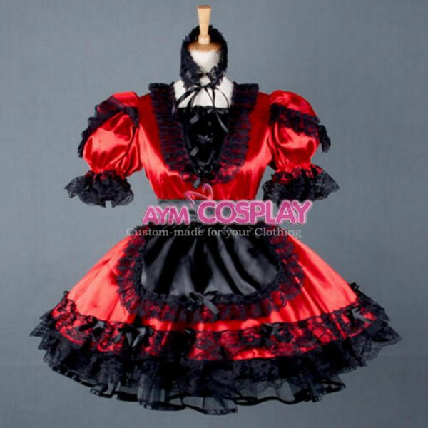 

sissy maid satin mini dress cd/tv tailor-made locking, Black;red