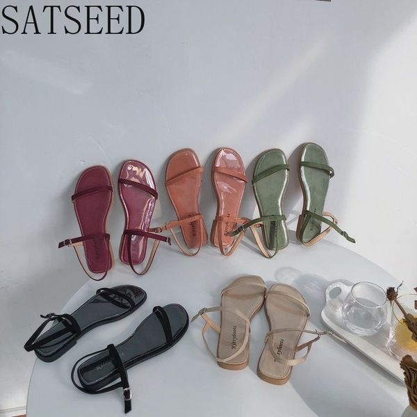 

summer 2020 new students flat bottom simple word buckle sandals fairy style korean version sandals womens shoes, Black