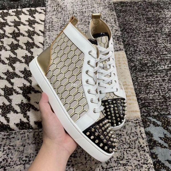 

originals box,eu35-47] brand men's flat red bottom spikes toe printed genuine leather casual shoes perfect red sole high sneakers, Black