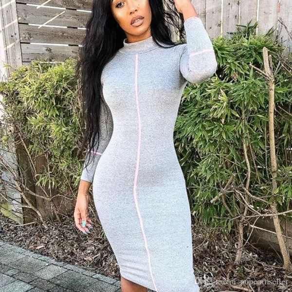 

bodycon dresses stand collar long sleeve mid calf apparel womens summer casual clothing women autumn designer, Black;gray