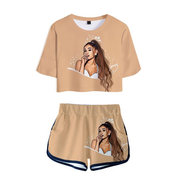 

two piece set short pants ariana grande t shirt 3d women sets lovely dew navel and short pants can be sold in one piece, White