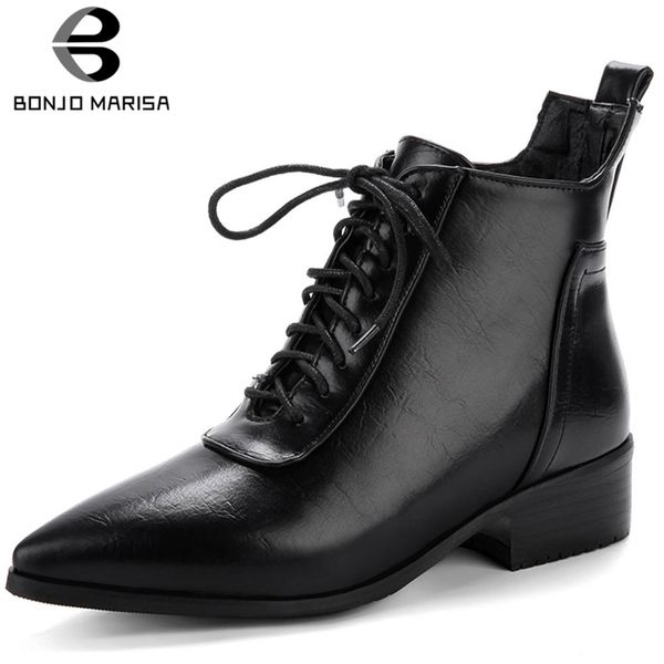 

bonjomarisa 34-43 winter fashion pointed toe fur booties ladies warm black ankle boots women 2019 casual med heel shoes woman