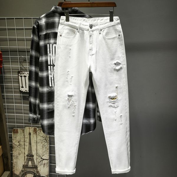

white & black ripped hole destruction trousers distressed jeans men denim trousers men jeans fashion designer brand jean male, Blue