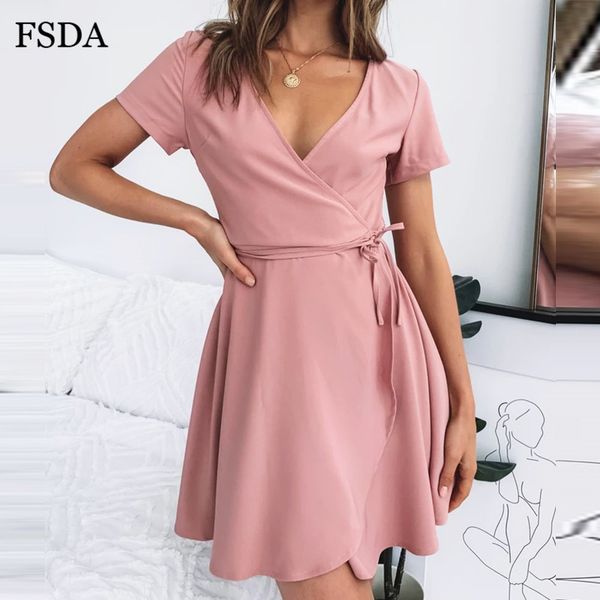 

fsda v шеи пояса wrap платье розовый с коротким рукавом лето mini a line casual женщины elegant узелок бич lady платья, Black;gray
