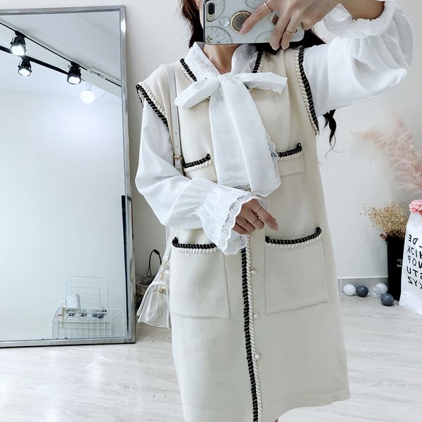 

women sweet beading sleeveless knitted angora sweater dress ladies casual long thick sweaters jumpers winter pull femme q9282, White;black