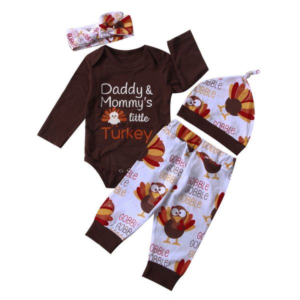 

thanksgiving newborn kids baby boys girls clothes turkey romper + long pants +headband 3pieces set daddy mommy's little turkey