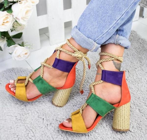 

Мода лета женщин шнурках толстые пятки сандалии в римском стиле соответствия цвета с открытым носком случайные высокие каблуки сандалии большой размер 35-43