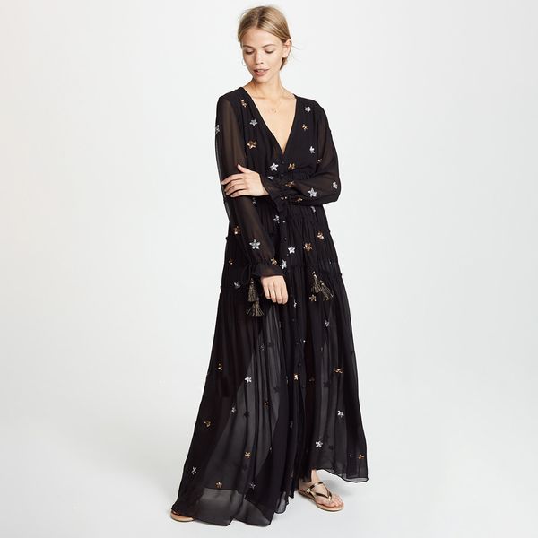 Acheter Boho Star Maxi Dress 2019 Femmes à Manches Longues Col En V Noir Blanc Chic Robe Laides élégant Plage Hippie Robe Longue De 8001 Du