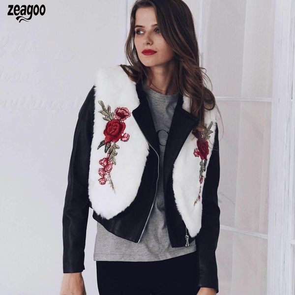 

new fashion women winter sleeveless floral  artificial fur vest front open, regular fit casual outwear, Black;white
