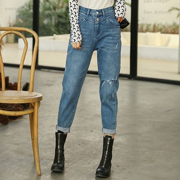 

женщина повседневная рваные джинсы отверстие высокая талия досуг старинные прямые джинсовые брюки женский бойфренд уличная рваные брюки ковб, Blue