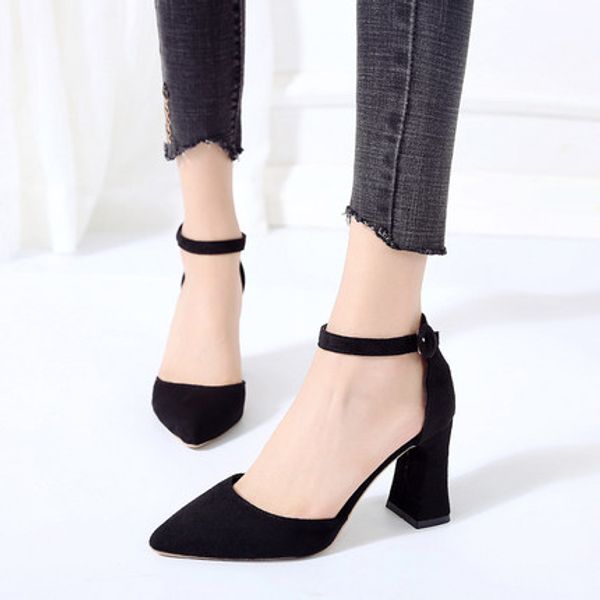 

chic high heels female 2020 spring new korean version of the wild shallow mouth pointed thick with female shoes tide, Black