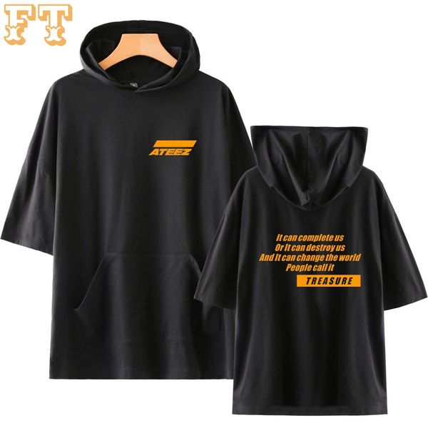 

bts 2019 ateez hooded t-shirts women korea highsreet 2019 new kpop t-shirts summer short sleeve fashion cool hooded tee, White