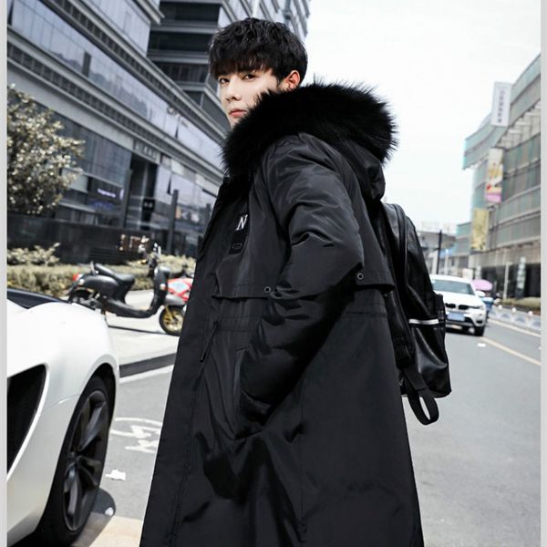 

yasuguoji new men winter thicken warm cotton padded long jacket men fashion fur hooded mens parka jacket double size wear coats, Black