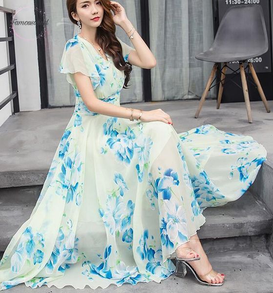 

long dress shipping style s 5xl summer new arrival chiffon waist flare sleeve flower printed woman collect designer clothes, Black;gray