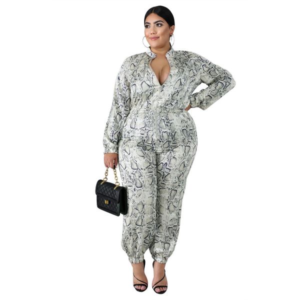 

plus size long sleeve printed zipper jumpsuit large size women's clothing, Black;white
