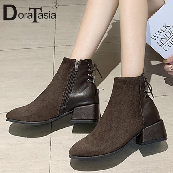 

doratasia ladies elegant patchwork boots fashion retro med chunky heel boots women behind lace decorating ankle shoes woman, Black