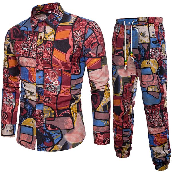 

autumn men's holiday suit style tree print shirt linen trousers men's sportswear european boys' party suit 6 kinds, Gray