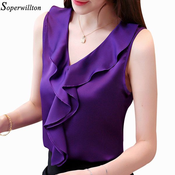 

women's blouse 2019 summer shirts casual ol silk women blouse shirt lady loose sleeveless work wear ruffle blusa mujer d51, White