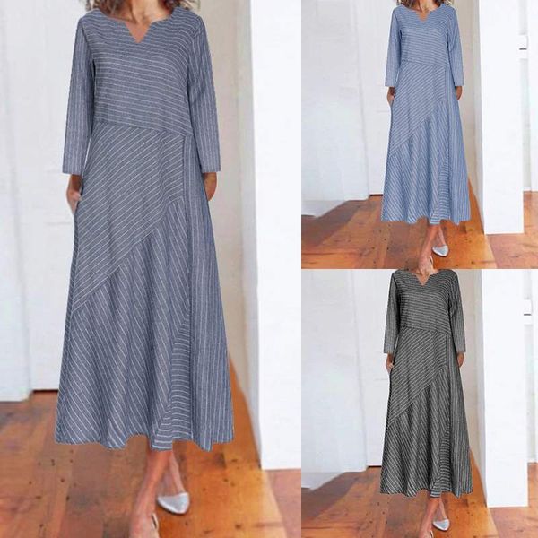 

celmia plus size striped vintage dress women v neck long sleeve pleated shirt dresses casual loose maxi vestidos robe femme 7, Black;gray