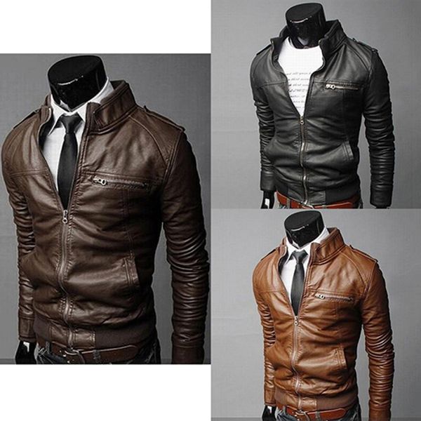 

men winter fashion cool zipper pocket faux leather bomber jacket coat outerwear, Black;brown