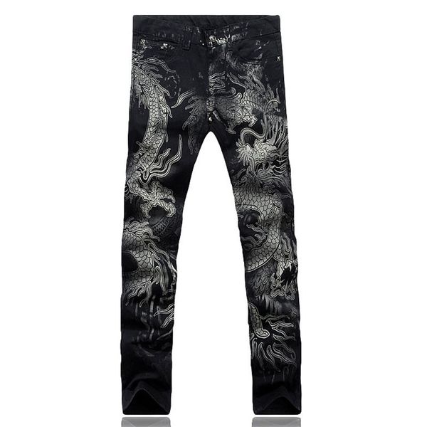 

men's fashion dragon print jeans male colored drawing painted slim denim pants elastic black long trousers ing, Blue