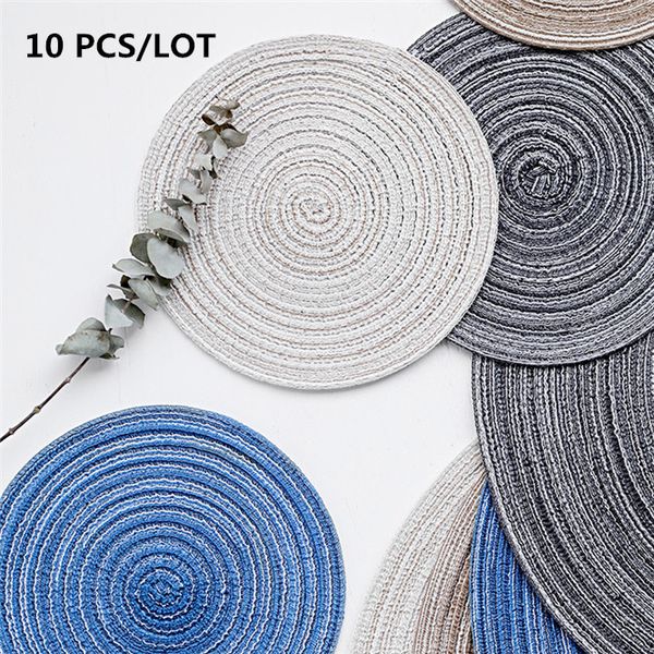 

10 pcs round table ramie insulation pad solid placemats linen non slip table mat kitchen accessories decoration home pad couster