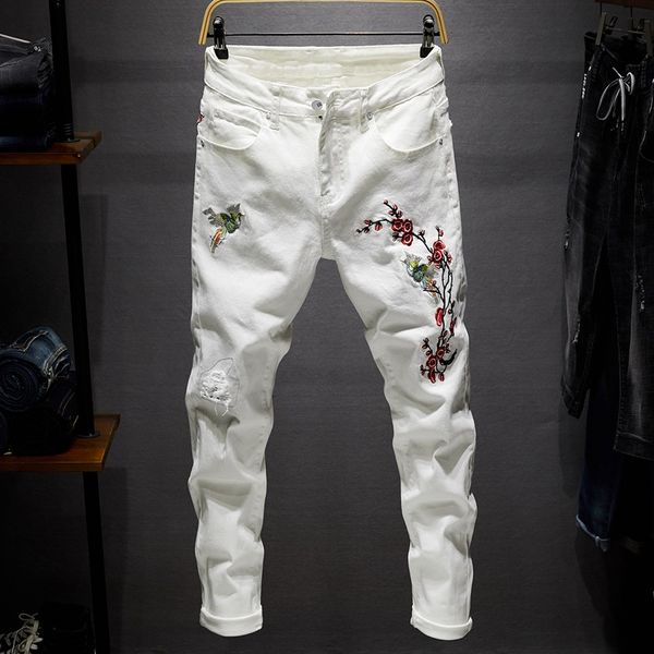 

white men embroidered jeans size 28-38 mens hole jeans male stretch denim pants, Blue
