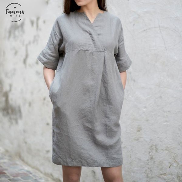 

2019 summer cotton linen dress vintage women v neck short sleeve solid midi dress ladies robe work shirt vestido, Black;gray