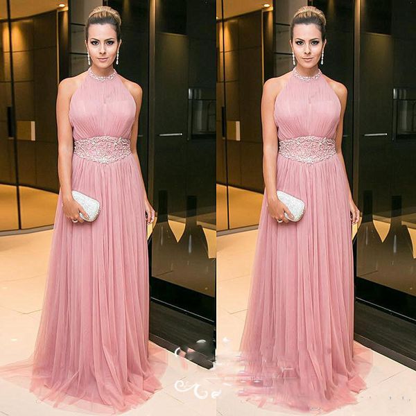 

pink tulle long formal evening dresses with beading waist 2019 halter a line prom dress party for women, Black;red
