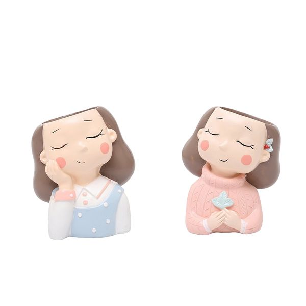 

2 pieces resin girl statues succulent cactus planter pot, decorative garden flower holder bowl for home office - blue & pink