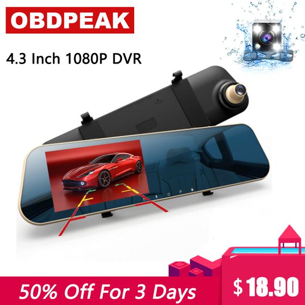 

original 4.3 inch car dvr full hd 1080p cameras night vision g-sensor rearview mirror dash cam dual len auto recorder