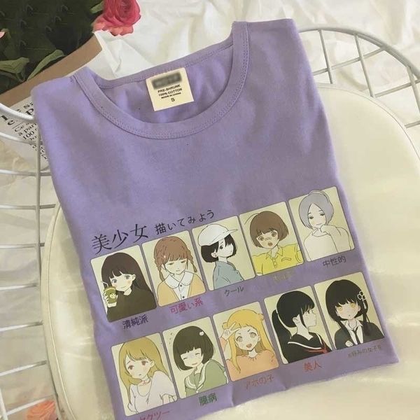 

женская верхняя тенниска женщины 2019 лето harajuku хлопок tops печать cartoon girl kawaii короткий рукав сыпучие письмо футболочку femme, White