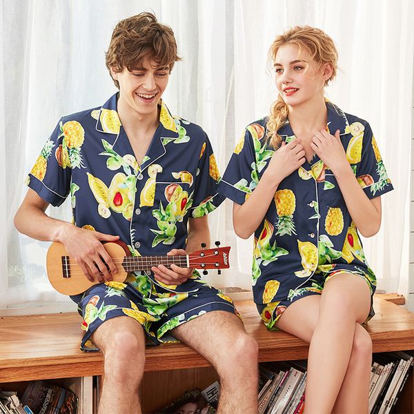 

моды пара удобной пижаме женщина эмуляция шелковые pajama печати короткие рукава pijamas, Blue;gray