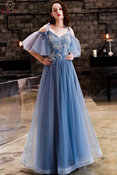 

light blue a-line prom dresses 2019 new vestido de noite off the shoulder appliques elegant long lace up tulle vestidos de gala, White;black