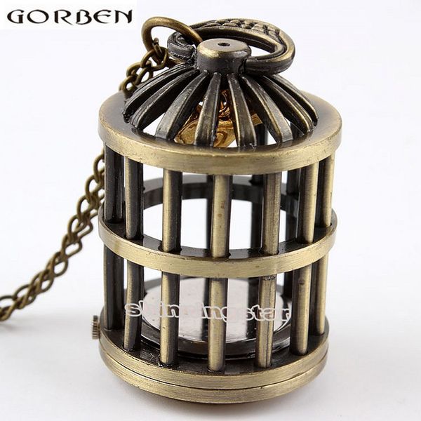 

vintage bird cage hollow bronze quartz pocket watch with chain cute stationary necklace pendant clock mens womens gifts, Slivery;golden