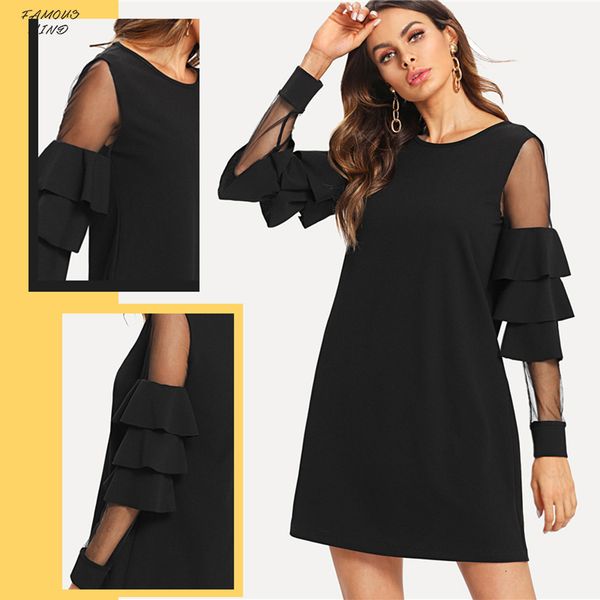 

dress ruffle long sleeve black a line work dresses ladies contrast tiered elegant dresses straight women casual mini designer clothes, Black;gray