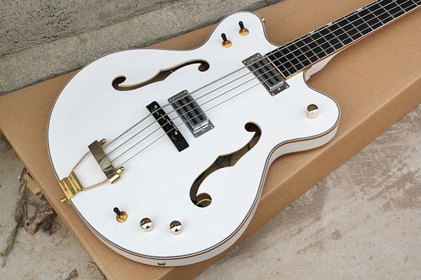 

Factory cu tom oem 4 tring white electric ba guitar with emi hollow body body binding gold hardware acce orie per onalized ervice
